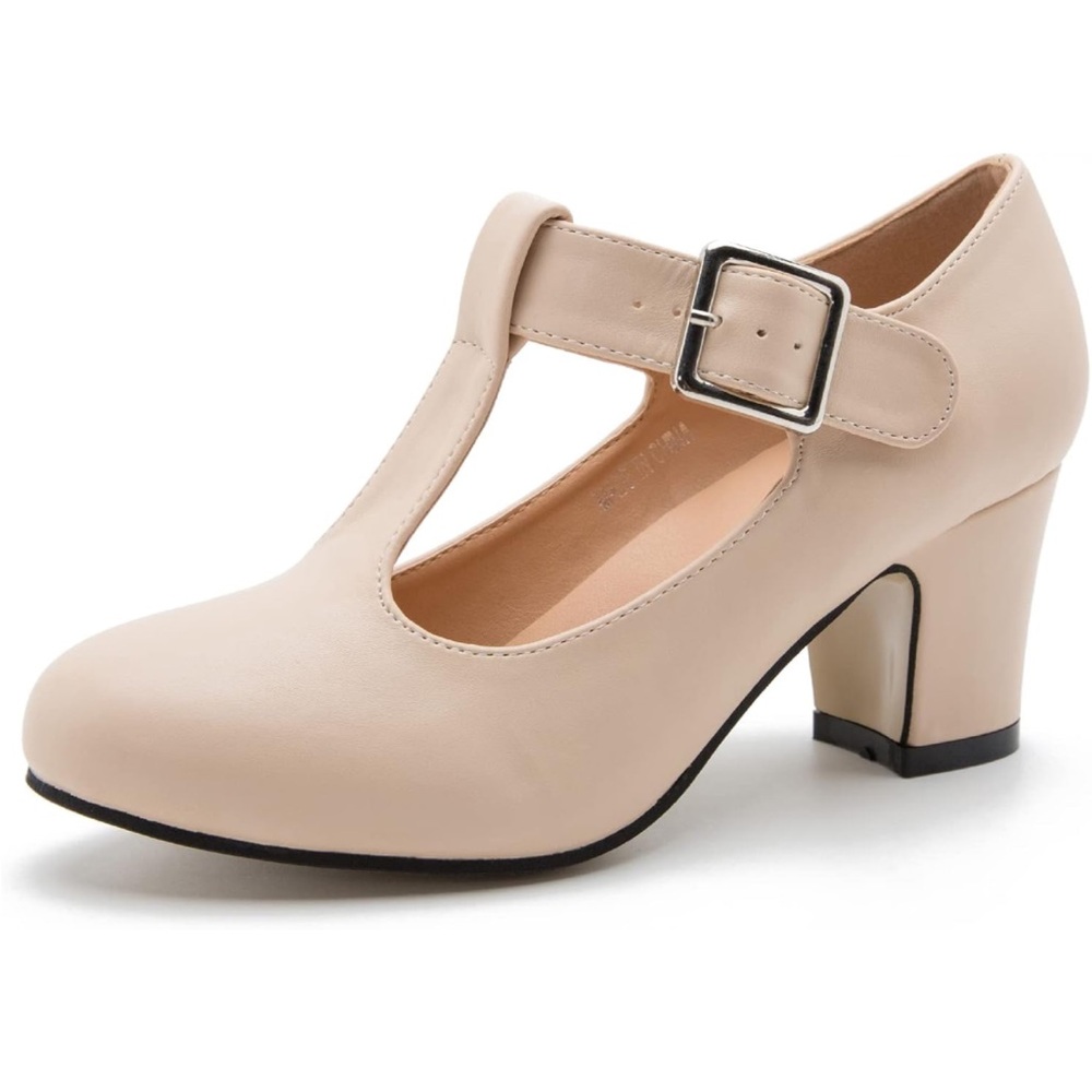 Eugisy Women's T-Strap Mary Jane Pumps Low Block Chunky Heels Closed Sz 7.5